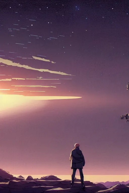 Image similar to walter white enjoying the view of a vast glimmering night sky, high intricate details, rule of thirds, golden ratio, cinematic light, 8 k, octane render, anime style, graphic novel by fiona staples and dustin nguyen, art by beaststars and orange, peter elson, alan bean, studio ghibli, makoto shinkai