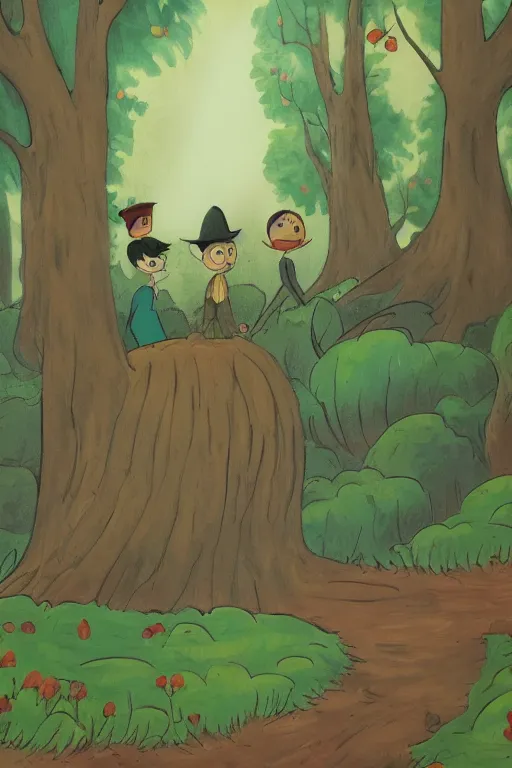 Prompt: over the garden wall background painting. the woods