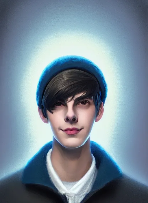 Image similar to portrait of teenage jughead jones wearing a light grey crown, crown, blue turtleneck, closed eyes, photorealistic, black hair, glowing lighting, intricate, elegant, glowing lights, highly detailed, digital painting, artstation, concept art, smooth, sharp focus, illustration, art by wlop, mars ravelo and greg rutkowski