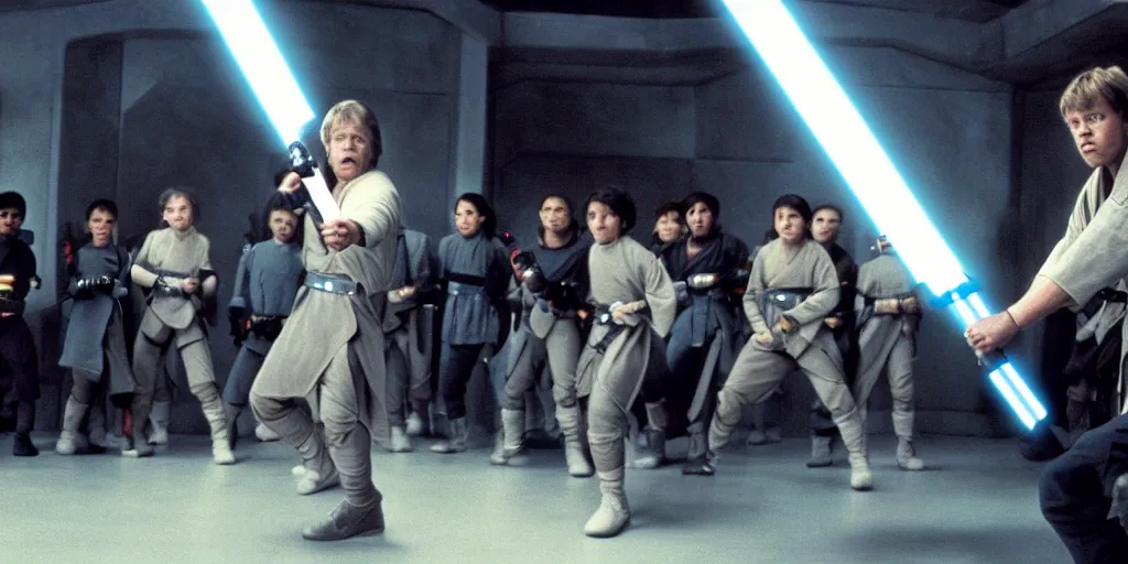 Image similar to A still of Mark Hamill as Jedi Master Luke Skywalker training a group of diverse young Jedi students in a Sci-fi room, in a Star Wars Sequel, 1990, Directed by Steven Spielberg, 35mm