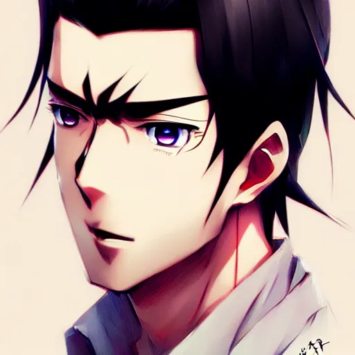 Image similar to anime portrait of a slick black hair guy with red eyes by stanley artgerm lau, wlop, rossdraws, james jean, andrei riabovitchev, marc simonetti, and sakimichan, trending on artstation