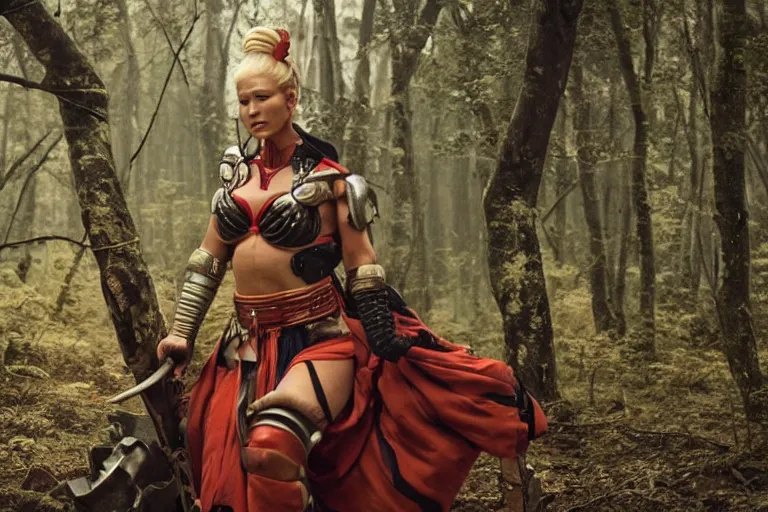 Image similar to vfx movie scene closeup nomad cyborg warrior viking geisha in a smoldering forest. by emmanuel lubezki