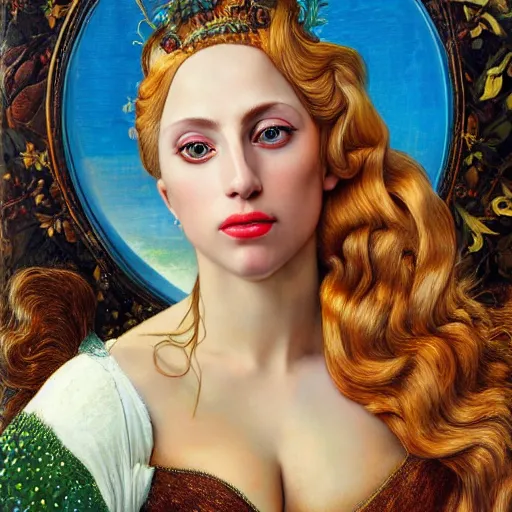 Image similar to photo realistic, hyper realism, lady gaga artpop act ii album, intricate detail, hyper detail, gaston bussiere, sandro botticelli style, with honey light brown rapunzel hair, detailed, masterpiece, sharp focus,