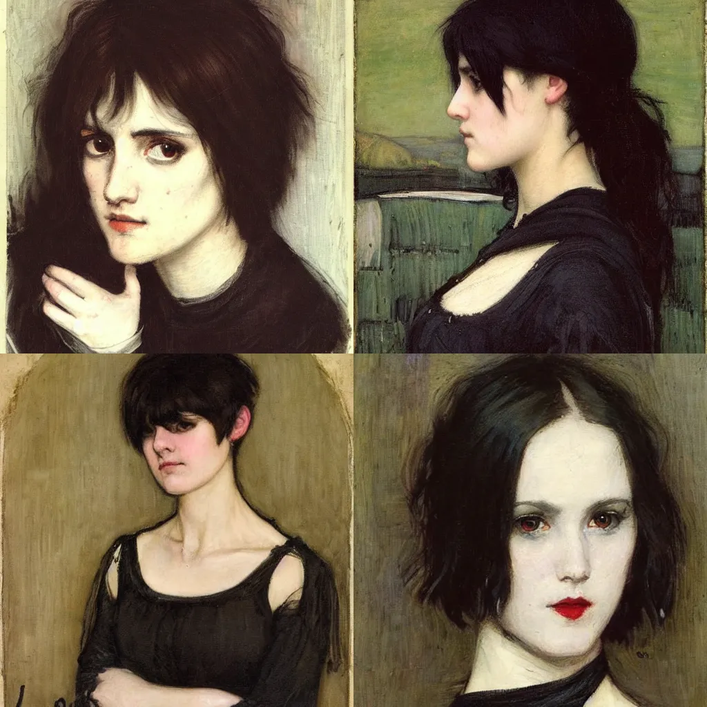 Prompt: a goth portrait painted by john william waterhouse. her hair is dark brown and cut into a short, messy pixie cut. she has a slightly rounded face, with a pointed chin, large entirely - black eyes, and a small nose. she is wearing a black tank