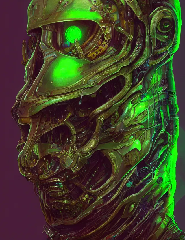 Image similar to a portrait of elon musk with green skin and mechanical gills, by moebius and tyler edlin and hr giger, trending on artstation, digital art, 4 k resolution, detailed, high quality, sharp focus, hq artwork, coherent, insane detail, concept art