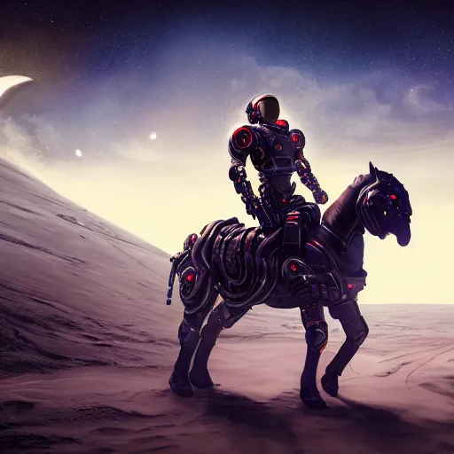 Prompt: A hyper real comic book style portait painting of cyborg riding on a robotic horse on the moon, unreal 5, hyperrealistic, octane render, cosplay, RPG portrait, dynamic lighting