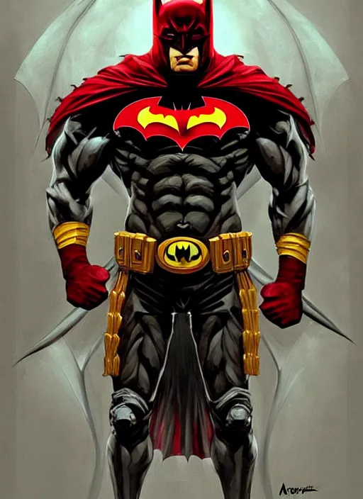 Image similar to portrait of aggressive old tired unshaved batman, d & d, muscular! athetic slim bodybuilder, red and yellow color scheme, futuristic, sci fi, dynamic fighting stance, fantasy, intricate, elegant, highly detailed, digital painting, artstation, concept art, smooth, sharp focus, illustration, art by artgerm and greg rutkowski and alphonse mucha