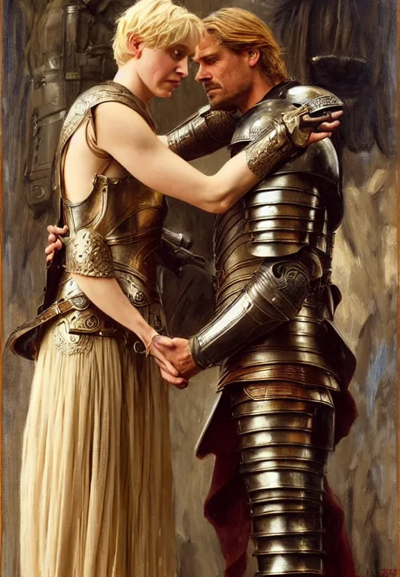 Image similar to attractive fully clothed jaime lannister confesses his love for attractive fully clothed armored brienne of tarth. highly detailed painting by gaston bussiere and j. c. leyendecker 8 k