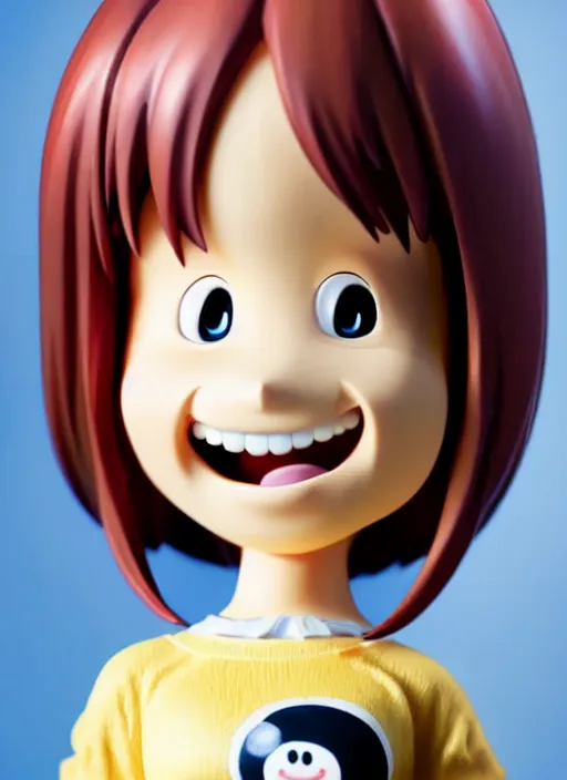 Image similar to a hyperrealistic oil painting of a kawaii anime girl figurine caricature with a big dumb grin featured on wallace and gromit by studio ghibli