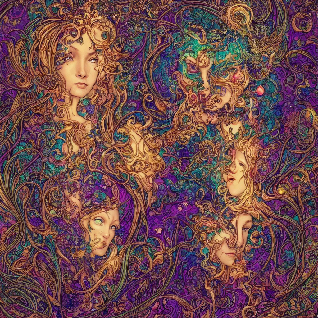 Prompt: intricate detailed art nouveau magical psychedelic spirit Portrait Lisa Frank, james gurney,dan luvisi,Petros Afshar,tim hildebrandt,liam wong,Mark Riddick,thomas kinkade,ernst haeckel,dan mumford,trending on artstation,josephine wall