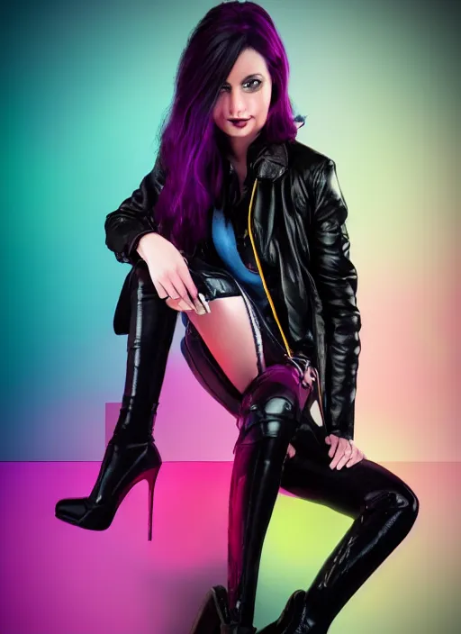 Image similar to a photo of 8 k ultra realistic a black haired female in high heels and a black leather jacket, pink, purple, green, yelow, red, blue, white neon, art by lise deharme