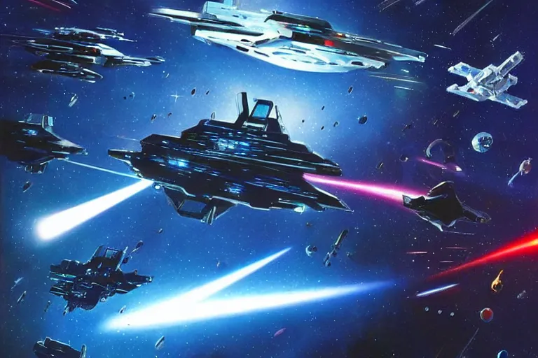 Prompt: a space battle between cruisers and spaceships, lasers, beams, cinematic, shadows, 4 k, detailed, by john berkey!!!!!! and peter jackson and ridley scott and beeple!!! and greg rutowski