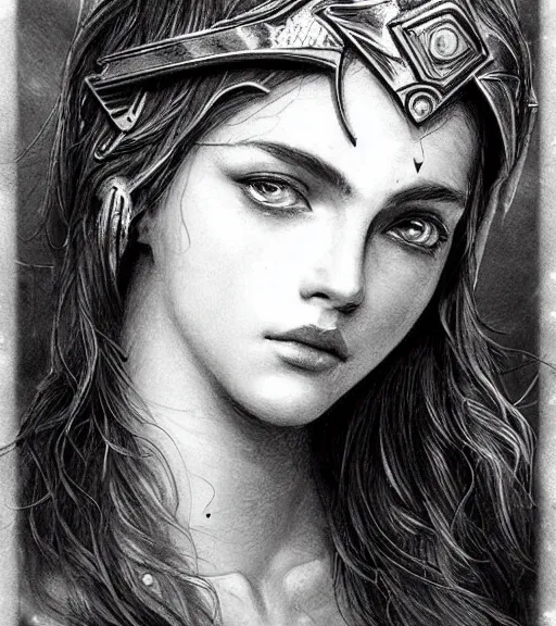 Image similar to beautiful aphrodite goddess wearing an arrow on her head, realistic face, beautiful eyes, black and white drawing, in the style of greg rutkowski, fantasy, amazing detail, epic, intricate, elegant, smooth, sharp focus