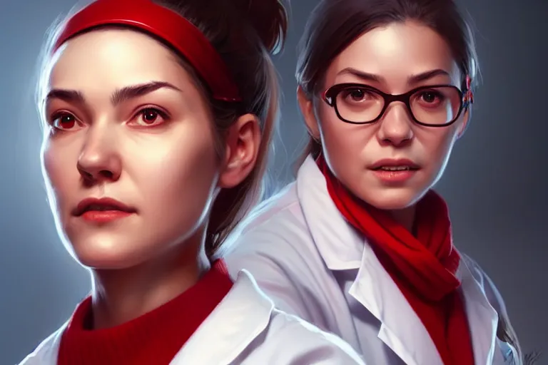 Image similar to a cute female doctor in a white coat, an old man with red t - shirt, cinematic, highly detailed, digital painting, artstation, concept art, matte, sharp focus, illustration, art by artgerm and greg rutkowski