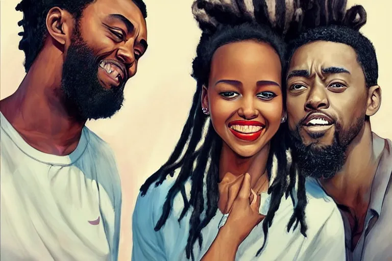 Prompt: a south african girl with medium length dreadlock hair, and a short - bearded mixed race man with short curly hair, in love selfie, lupita nyong'o, chadwick aaron boseman, artgerm, rhads, ross draws