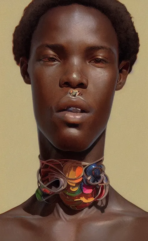 Image similar to colourful upper half portrait of an african boy, art by hsiao - ron cheng & alphonse mucha, highly detailed, digital painting, ray tracing, concept art, illustration, smooth sharp focus, intricate, symmetry, artstation,