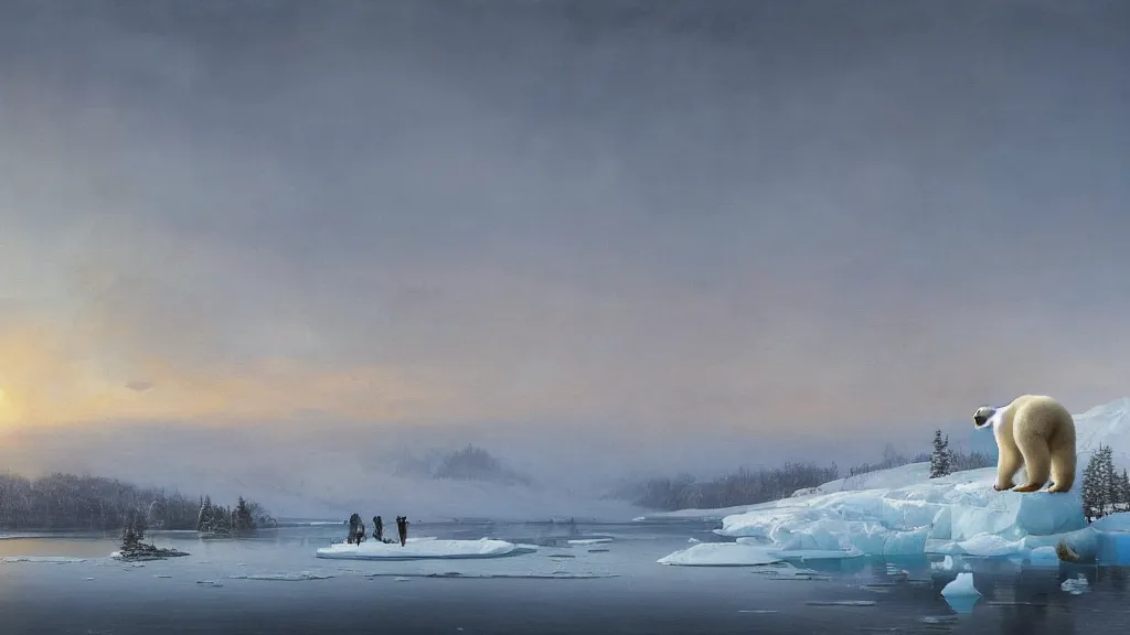 Image similar to the most beautiful panoramic landscape, oil painting, where a giant dreamy lake is frozen, a giant polar bear is exhaling steam while walking over the frozen lake, the frozen lake is reflecting the giant polar bear and the ray lights of the sunrise are brightening him, by greg rutkowski