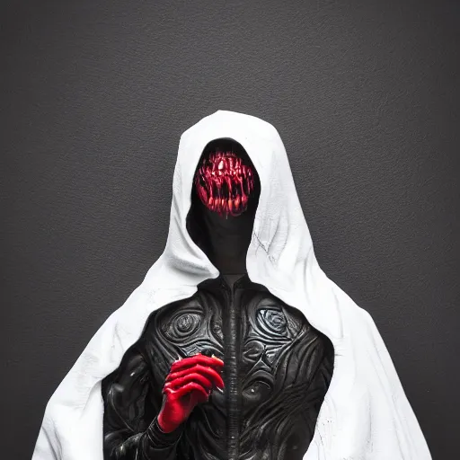 Prompt: venom lord sculptor, black paint on white porcelain, ambient light, leather cloak, red smoke, intricate, wet plastic, levitating, style of alex stoddard, 8 k