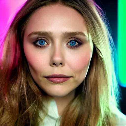 Image similar to elizabeth olsen, hands on her face posing for the camera, neon lighting, closeup!!!!!!, macro!!!!!!, 3 5 mm!!!!!! lens, comprehensive art, neon!!!!!! atmosphere, intricately detailed, indistinguishably unique, 4 k, 8 k, detailed facial features