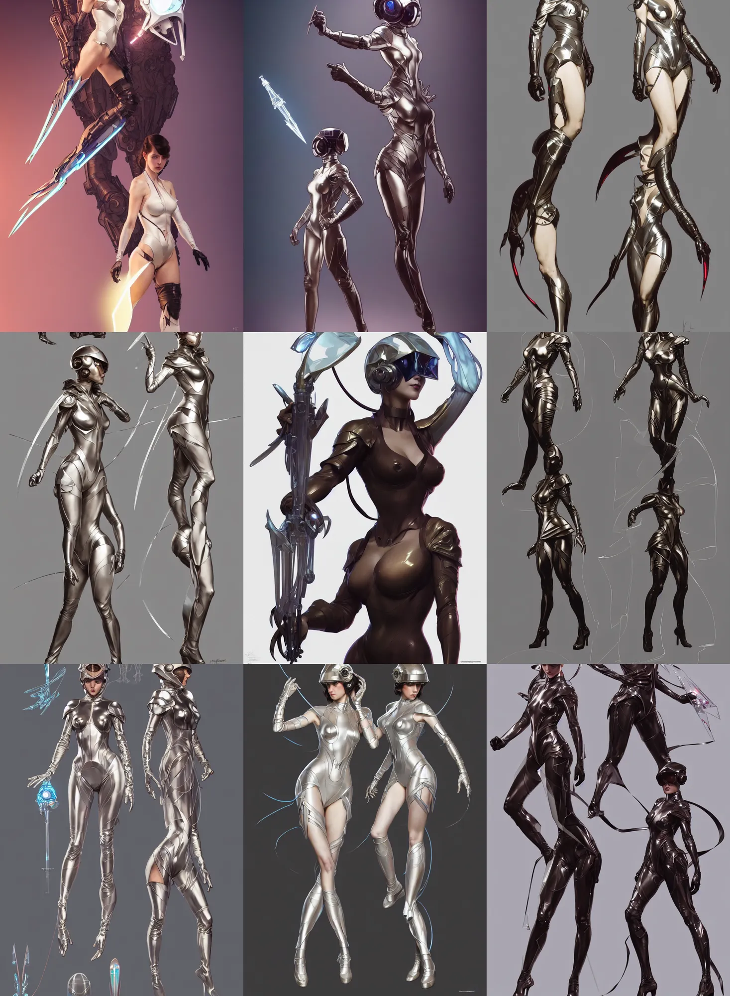 Prompt: a full body character design by artgerm, cushart krenz, greg rutkowski and alphonse mucha. sci - fi dagger. laser and translucent plastic tape project show attctive showgirl!! sci - fi helmet!! sharp edges. ultra clear detailed. contour light effect!! 8 k. ultra detailed, elegant, intricate, octane render.