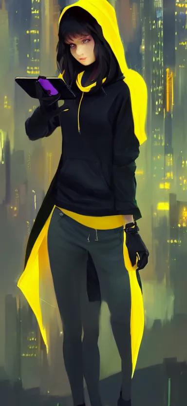 Prompt: a vtuber model concept art of a beautiful girl in a black and yellow hoodie holding an iphone, blue eyes, long hair, full body art, futuristic city background, artstation, digital art, commission art, style by jordan grimmer and greg rutkowski, 4 k resolution