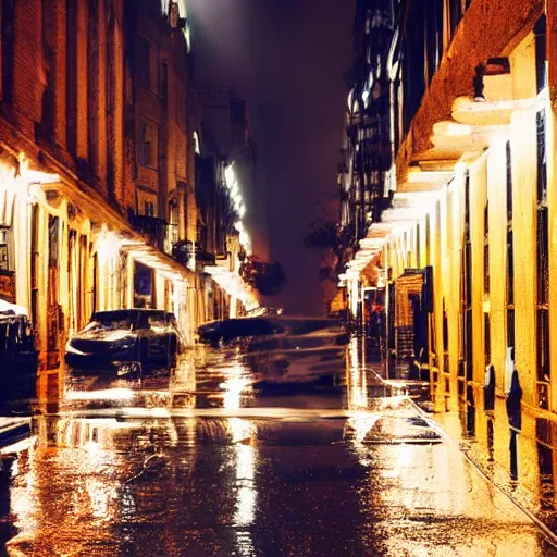 Prompt: photo, night, rain, city street