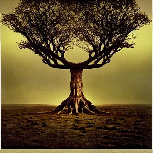 Image similar to A 10,000 year old tree, based on the golden ratio, with a symmetrical landscape, perfect balance, by Steve McCurry and Beksinski