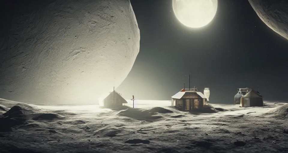 Image similar to A small house on the Moon, stunning photo, cinematic lighting, perfect, 8K, ultra-detailed , Trending on artstation, Octane render, Unreal Engine, highly detailed,