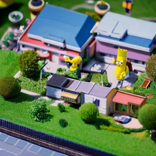 Prompt: diorama of The Simpsons' house, 742 Evergreen Terrace, tilt-shift photography, highly detailed