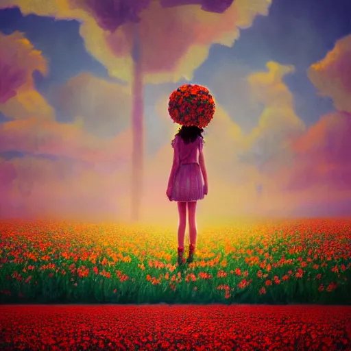 Image similar to large flower head, girl standing in a flower field, surreal photography, sunrise dramatic light, impressionist painting, colorful clouds, digital painting, artstation, simon stalenhag