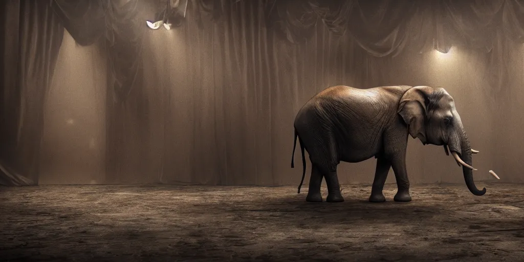 Prompt: an ominous translucent elephant in an abandoned circus tent, horror movie, octane render, unreal engine