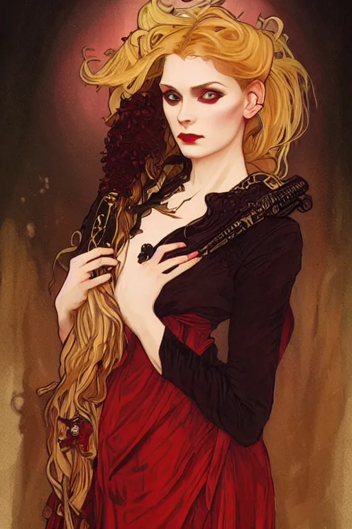 Image similar to female occultist, sweeping wild blonde hair, red eyes, portrait, high cheekbones, smug, evil, Victorian, black velvet dress, dark colors, ruby jewelry, fantasy painting, trending in Artstation, GSociety, by Alphonse Mucha, Charlie Bowater, Brom