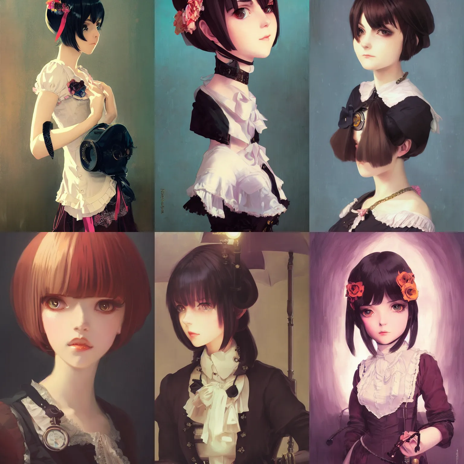 Image similar to a portrait of a cute Victorian maid with black bob cut hair, steampunk setting, vivid colors, soft lighting, atmospheric, cinematic, moody, in the style of Ilya Kuvshinov and Range Murata, Krenz Cushart, oil on canvas, 8k