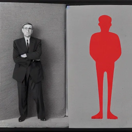 Image similar to minimalist soviet propaganda of robert mueller standing with folded arms, by le corbusier and diego rivera