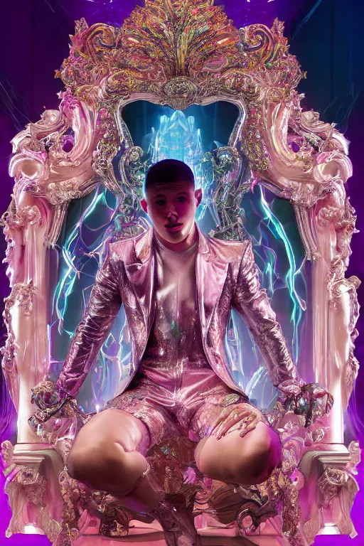 Prompt: hyper detailed ultra sharp photo of baroque and bladerunner neon crystalline sculpture of seductive ceramic albino glass prince nick jonas dotado pink iridescent humanoid deity wearing blue hooded metallic tuxedo holding an glass skull in a onyx dungeon, reclining, glowing magenta face, crown of white diamonds, cinematic lighting, photorealistic, octane render 8 k depth of field 3 d
