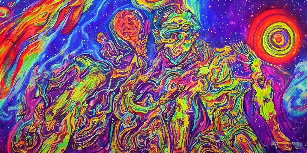Prompt: high detailed painting of a psychedelic android in a mystic spiritual world, the war of spirits in the cosmos