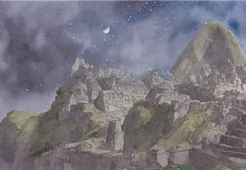 Image similar to a cell - shaded watercolor concept art from a studio ghibli film showing one giant grey griffon. a temple is under construction in the background in machu pichu on a misty and starry night. by studio ghibli. very dull muted colors