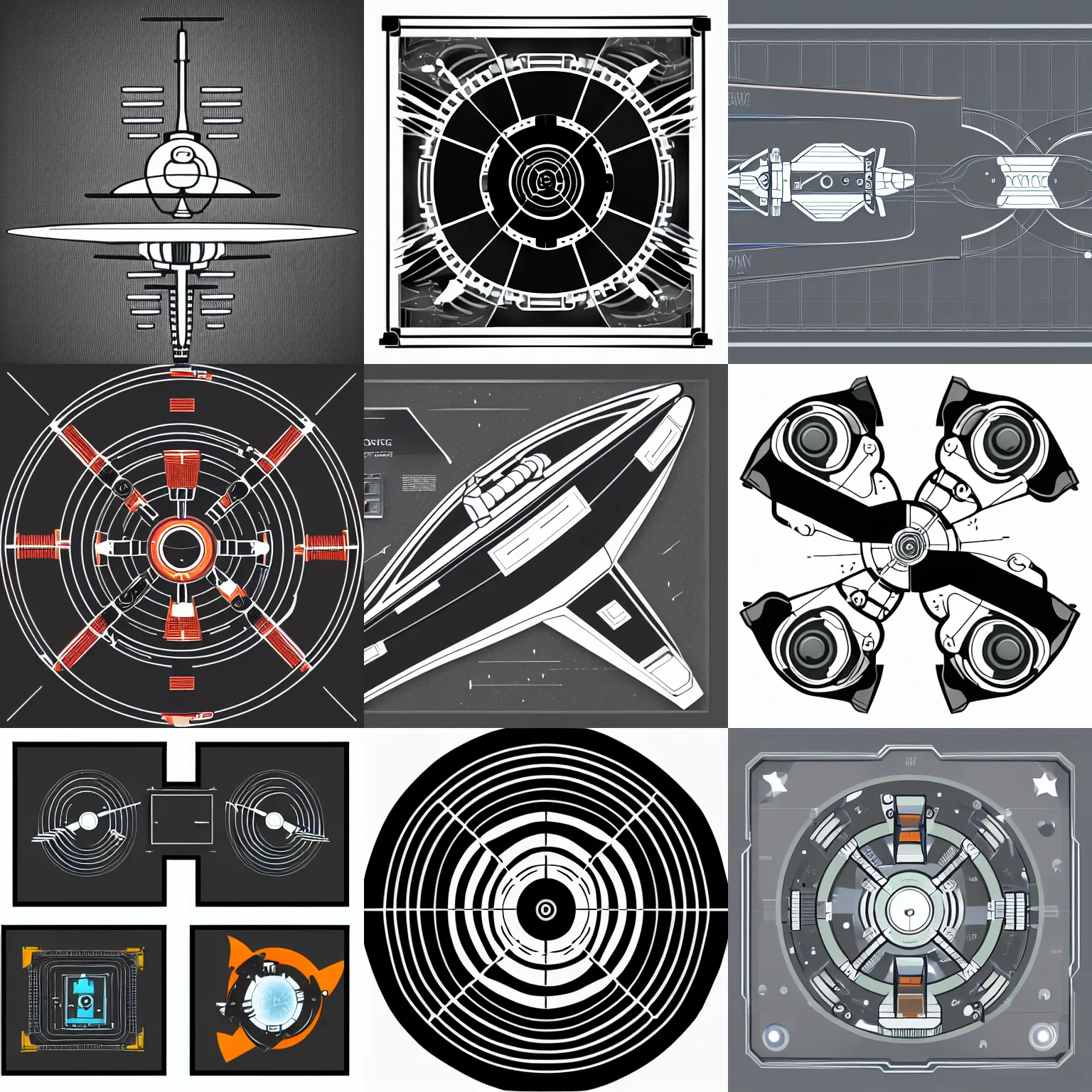 Prompt: a stylized two dimensional science fiction spacecraft propulsion module schematic, two colors, black backround. inkscape, illustrator, vector graphics, 2 d game, topdown.