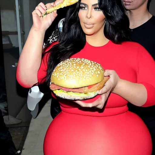 Image similar to a candid paparazzi photo of an extremely obese Kim Kardashian eating a double whopper, award winning