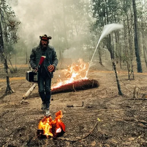Prompt: a photo of jovanotti burn a forest with flamethrower