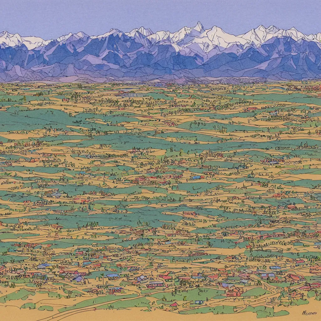 Image similar to colorful cel-shaded drawing of the city of Stanley, Idaho, with the Sawtooth mountains in the background, by Moebius