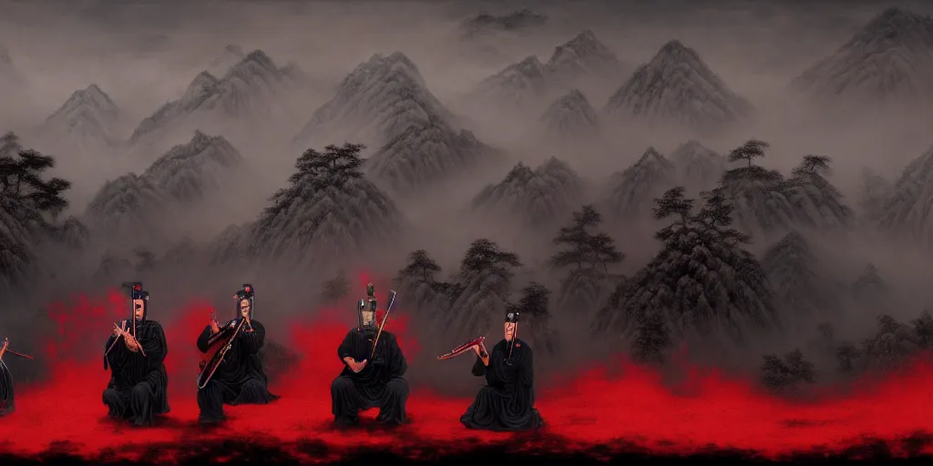 Prompt: 3 ancient chinese generals with chinese peking opera masks singing with guitars, the background is misty forest, full of red and black swirling smoke, harry potter, death eaters, dementors, craig mullins, albert bierstadt, greg rutkowski, tarkovski, realistic, highly detailed, artstation, early morning, atmospheric, aestetic, moody