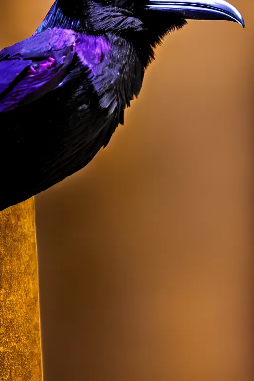 Image similar to beautiful raven standing in a shadow of the soft deep purple light of lantern, mystery, mysterious, soft dark muted colors, simple shapes, golden ratio, perfect composition, dramatic, medium close - up ( mcu ), cannon ef, 5 0 mm, f / 2. 8