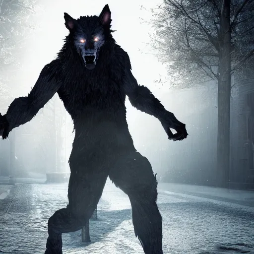 Image similar to werewolf from van helsing unreal engine hyperreallistic render 8k in an an empty parking lot at midnight lit by streetlamps