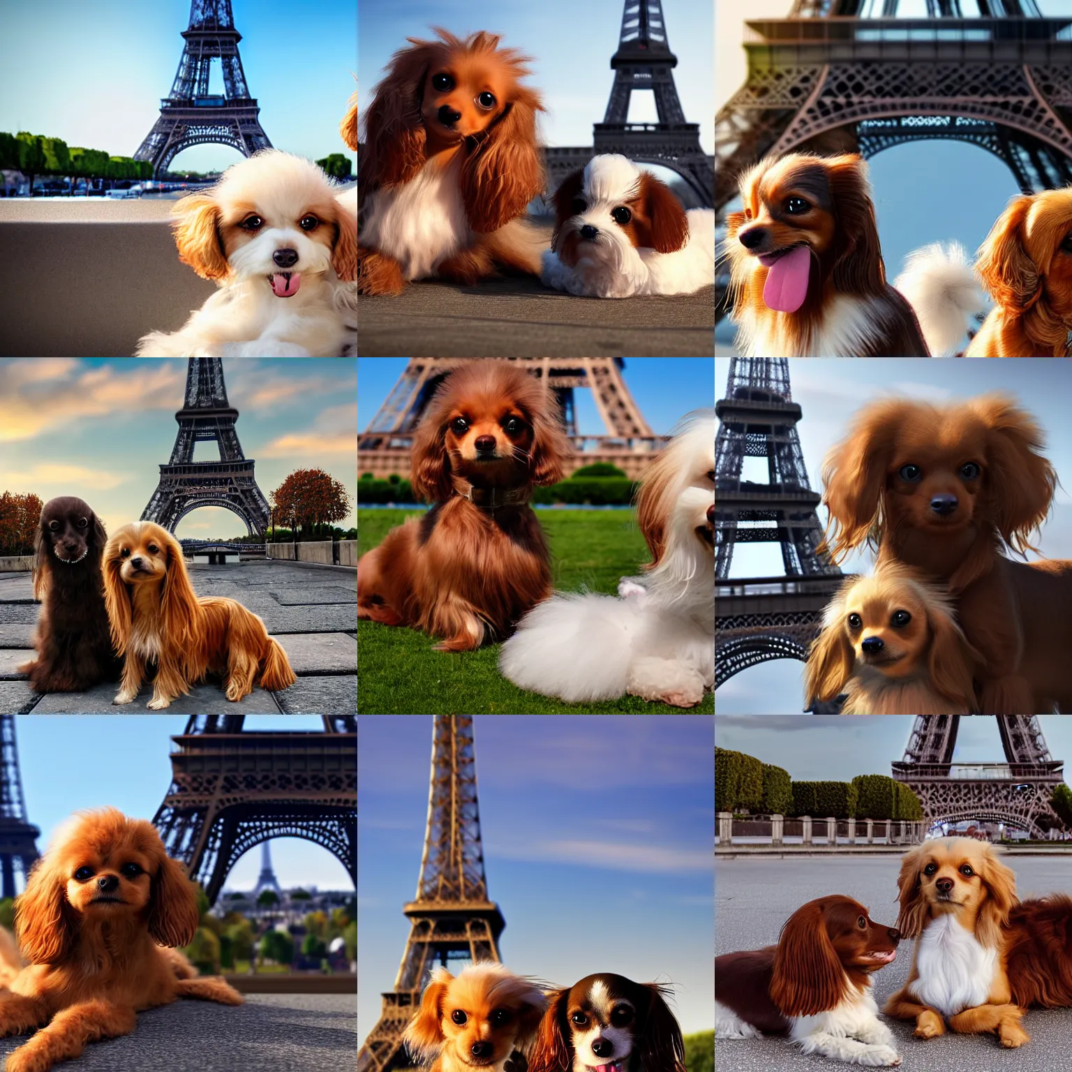 Prompt: a photorealistic closeup image of a cute brown colored long haired chihuahua cocker spaniel dog with an adorable smiling white bichon frise dog in paris laying in front of the eiffel tower. brightly lit. extreme detail. 4 k hd unreal engine