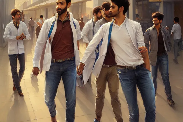 Image similar to Anxious good looking pale young Indian doctors wearing jeans and shirts at the airport, portrait, elegant, intricate, digital painting, artstation, concept art, smooth, sharp focus, illustration, art by artgerm and greg rutkowski and alphonse mucha