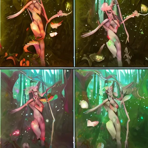 Image similar to forest nymph rising from the water. fantasy rpg concept art. pink pixie dust, enchanted fireflies, starlight, and enchanted dreams. view from behind, wide angle view, back view. digital art. trending on artstation.