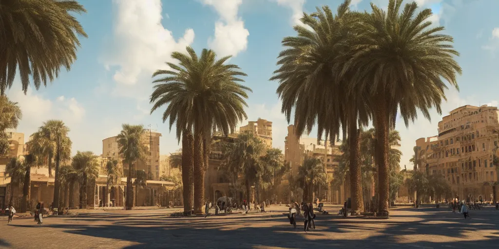 Prompt: khedival opera house, talaat Harb Square cairo, epic wide shot, beautiful clouds, concept art by pixar, dappled afternoon sunlight, acacia trees, date palm trees, shrubs, flowers, 4k, fujifilm, octane render, artstation