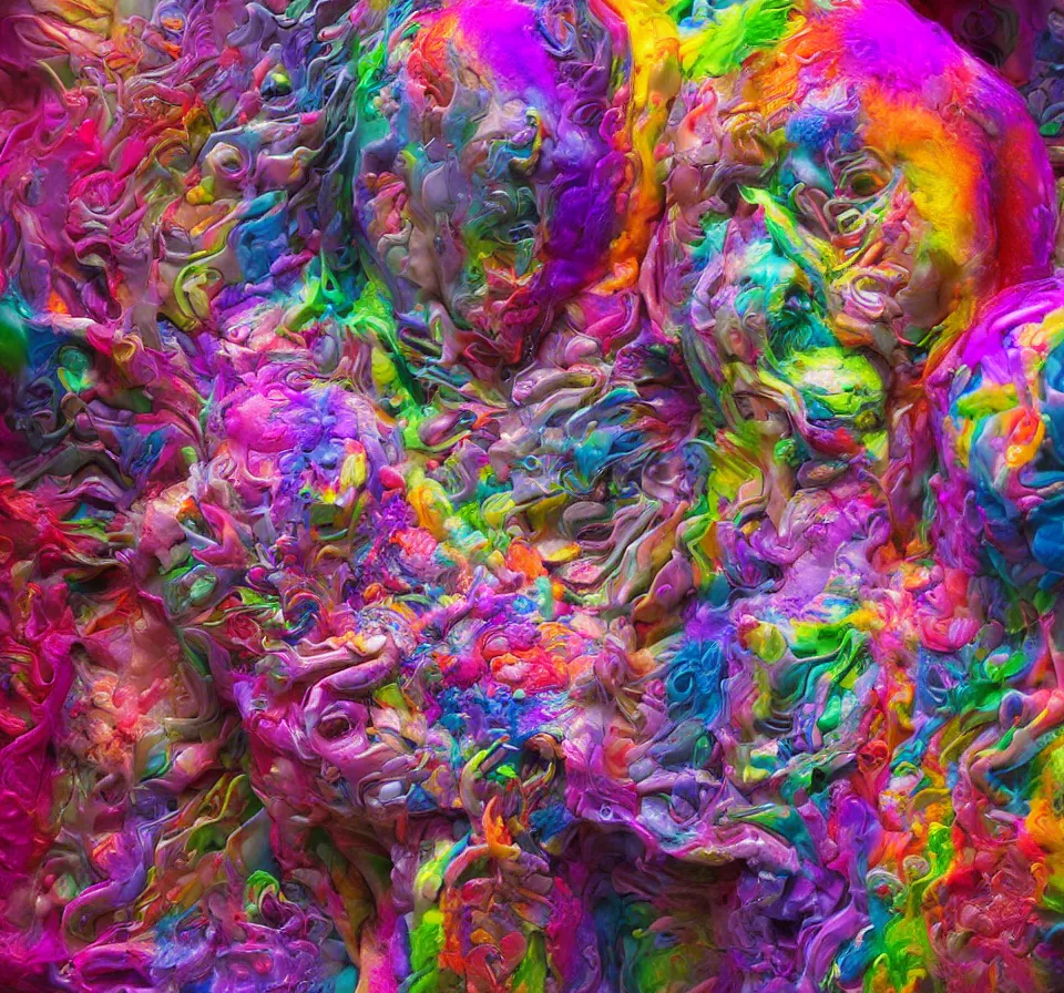 Prompt: insides of one opened human head disintegrate into a mass of coloured powder, motion blur, hyperrealistic artistic photography, realistic textures, art by lee griggs,