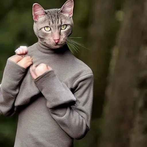 Image similar to First human cat hybrid, circa 2020, photography from nature magazine